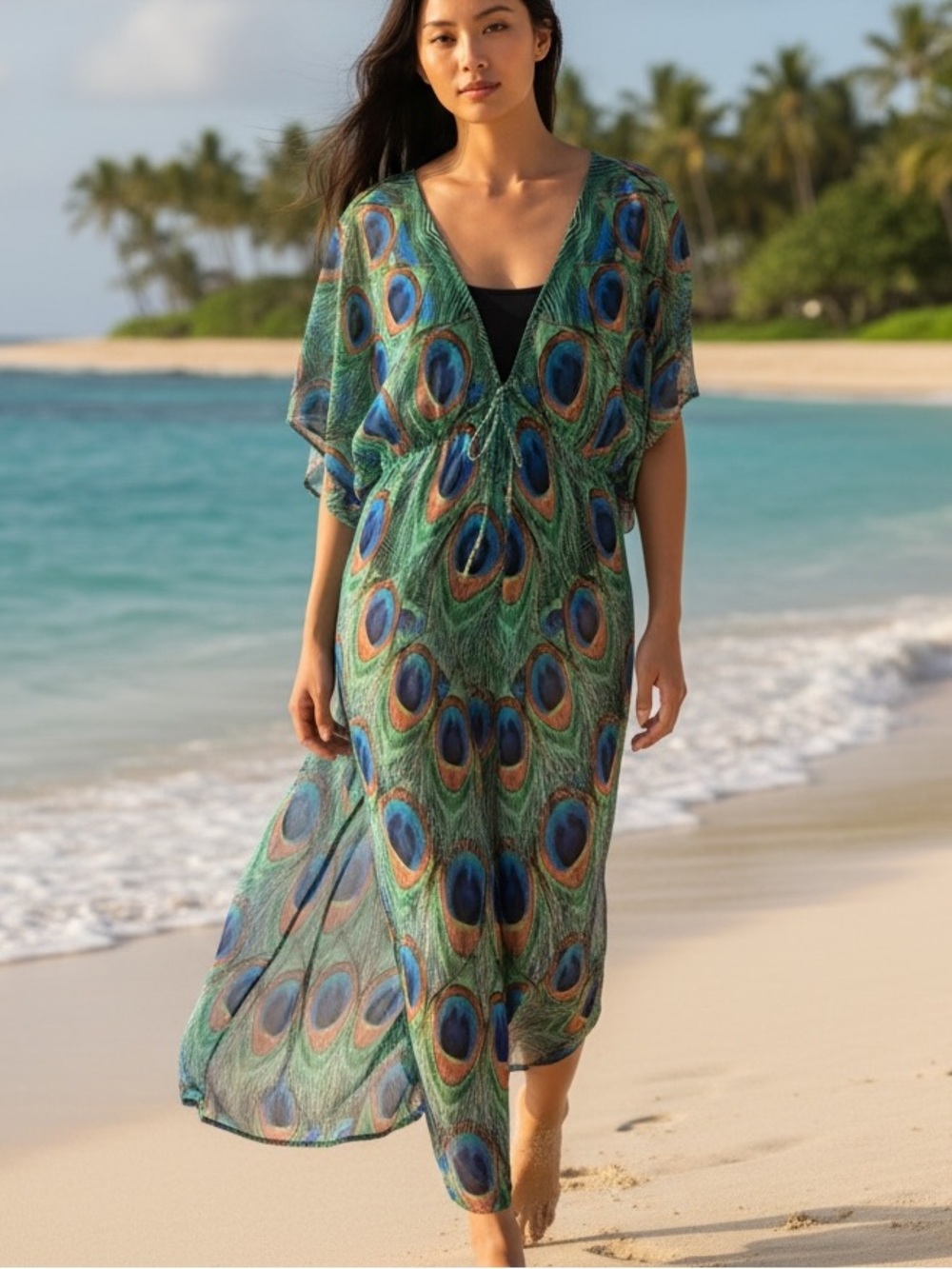 Peacock Print Maxi Kimono Dress Sheer Swim Beach Cover Caftan Tall Resort Hawaii